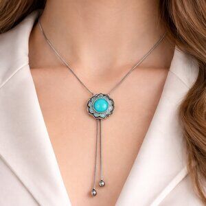 Silver Interchangeable Snap Lariat Necklace Blue Rhinestone